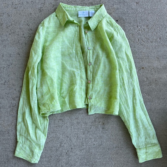 Cynthia Rowley lime green linen cropped button down long sleeve top - Picture 1 of 3